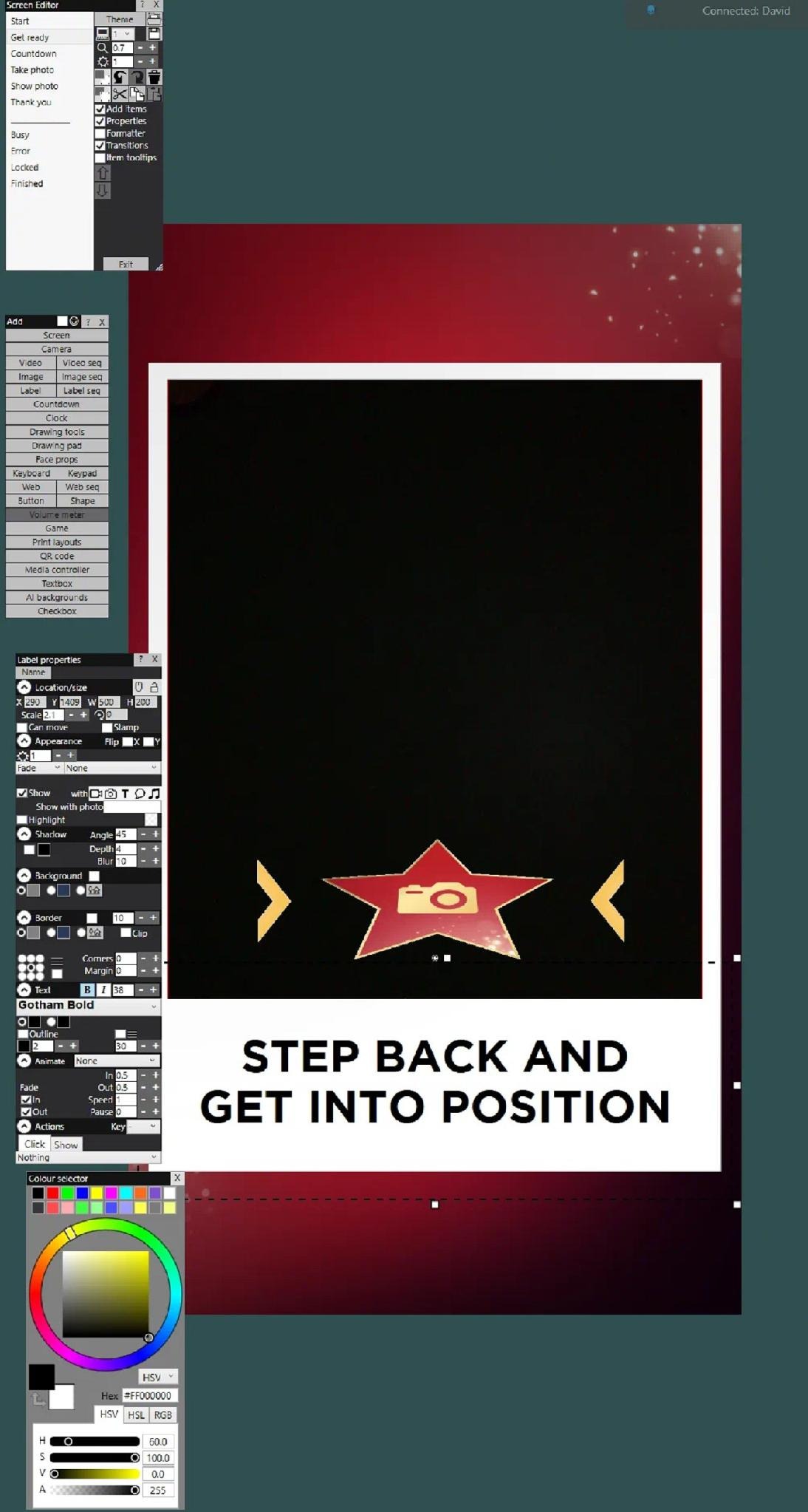 Get ready screen and colour selector